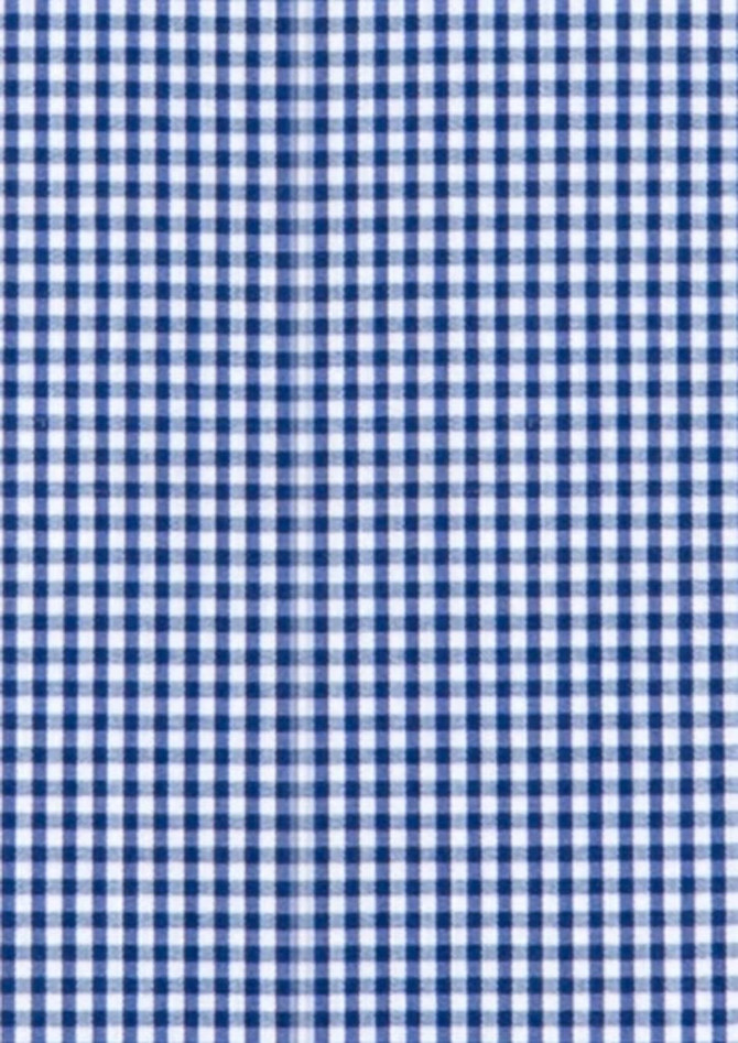 A blue and white gingham patterned fabric, showcasing a classic check design suitable for button-up shirts.