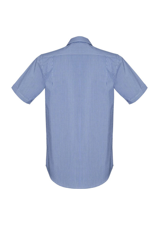 A short sleeve button-up shirt in blue with a checkered pattern, featuring a rear view design.