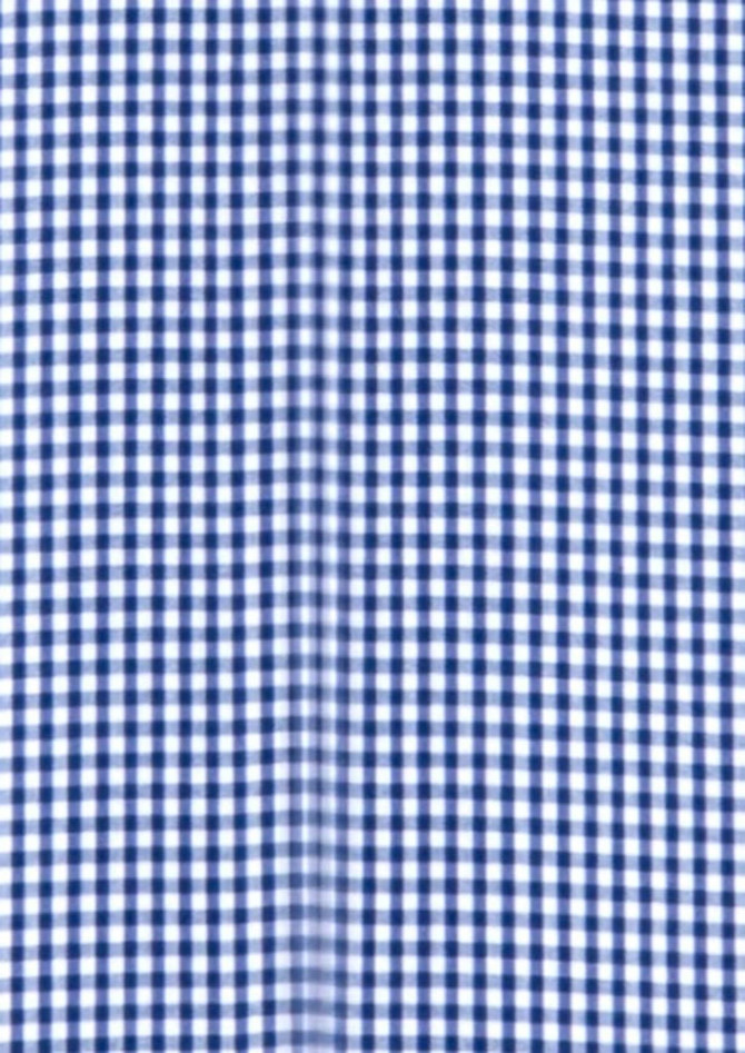 A blue and white gingham patterned fabric, featuring a checkered design suitable for a button-up shirt.