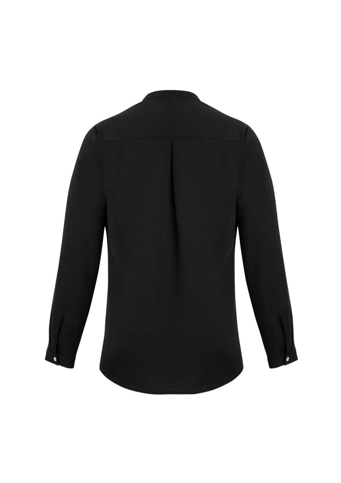 A black long sleeve blouse with a button-up design and a smooth finish. It features a back pleat for added detail.