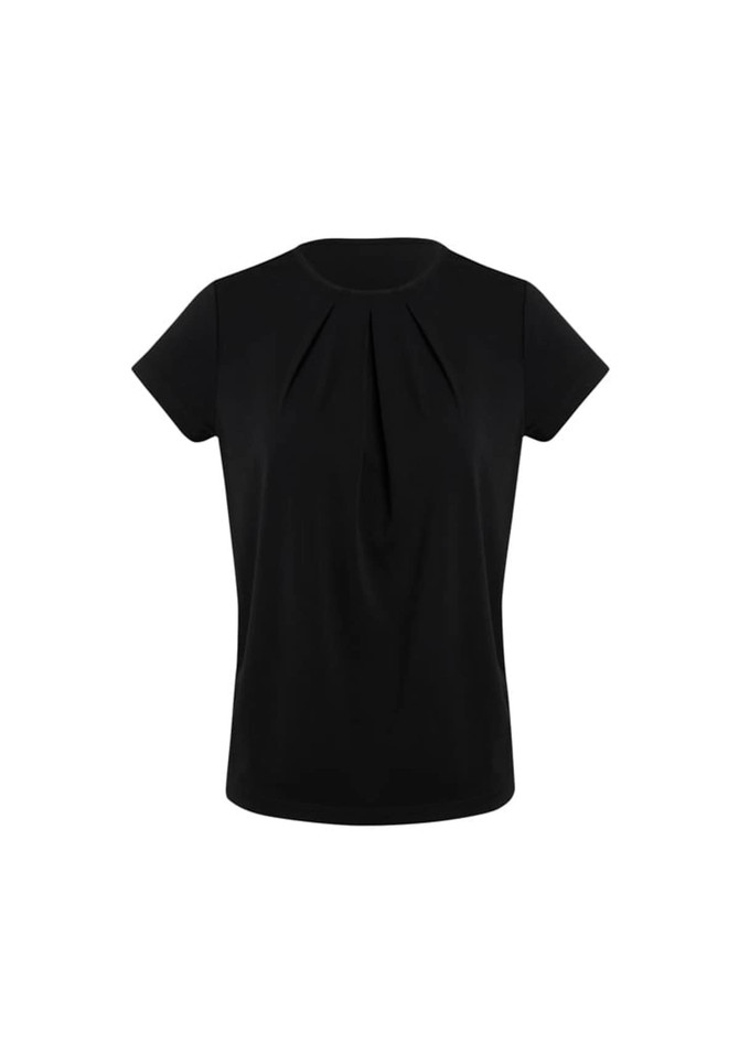 A black short sleeve top with a pleat detail at the front and a round neckline. Features brand logo.