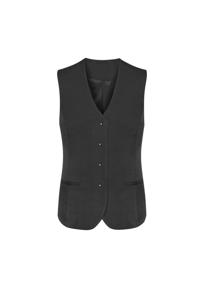A women's longline vest in black with a button-up front and two pockets. It features a logo branding.