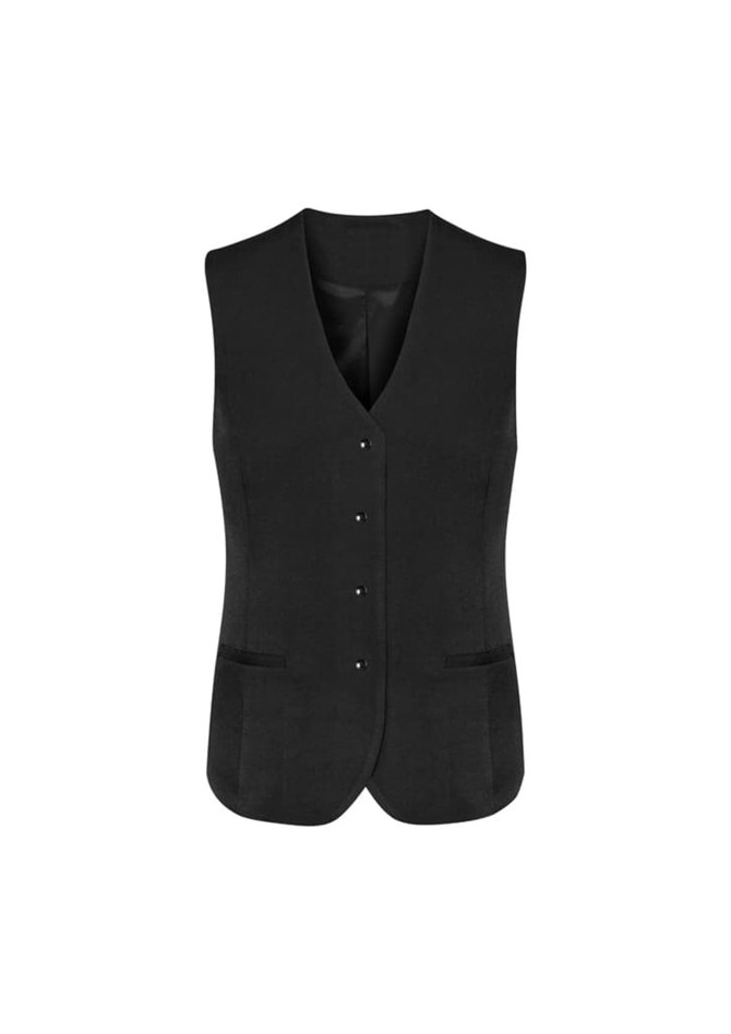 A black longline vest with a v-neckline, front buttons, and two pockets. Features branding on the garment.