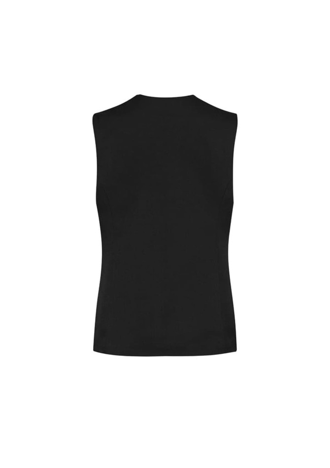 A black women's longline vest with a sleeveless design, featuring a simple and modern cut.