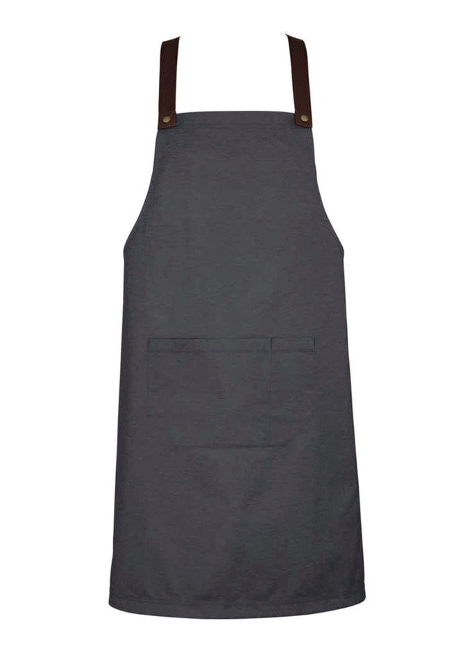 A grey apron with brown straps and a front pocket, featuring a logo on the strap.