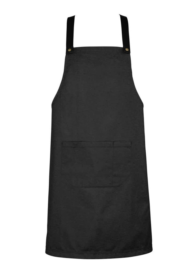 A black apron with adjustable bib straps and a front pocket, featuring a logo at the top.