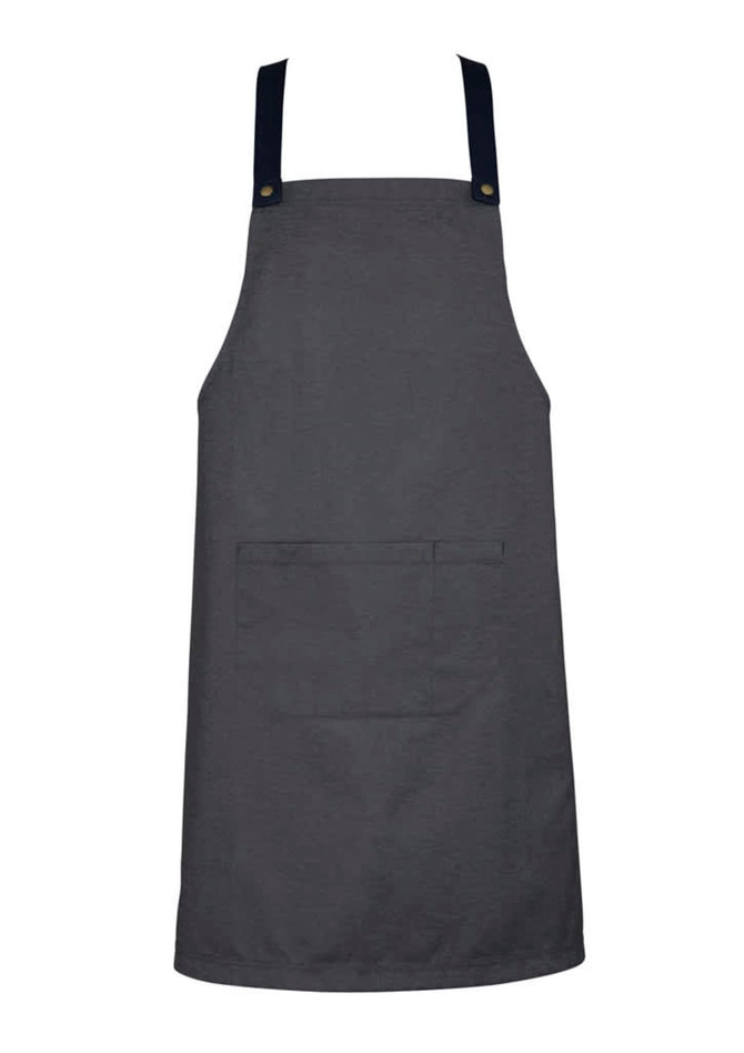 A grey chef apron with dark blue straps and a front pocket, featuring a logo on one side.