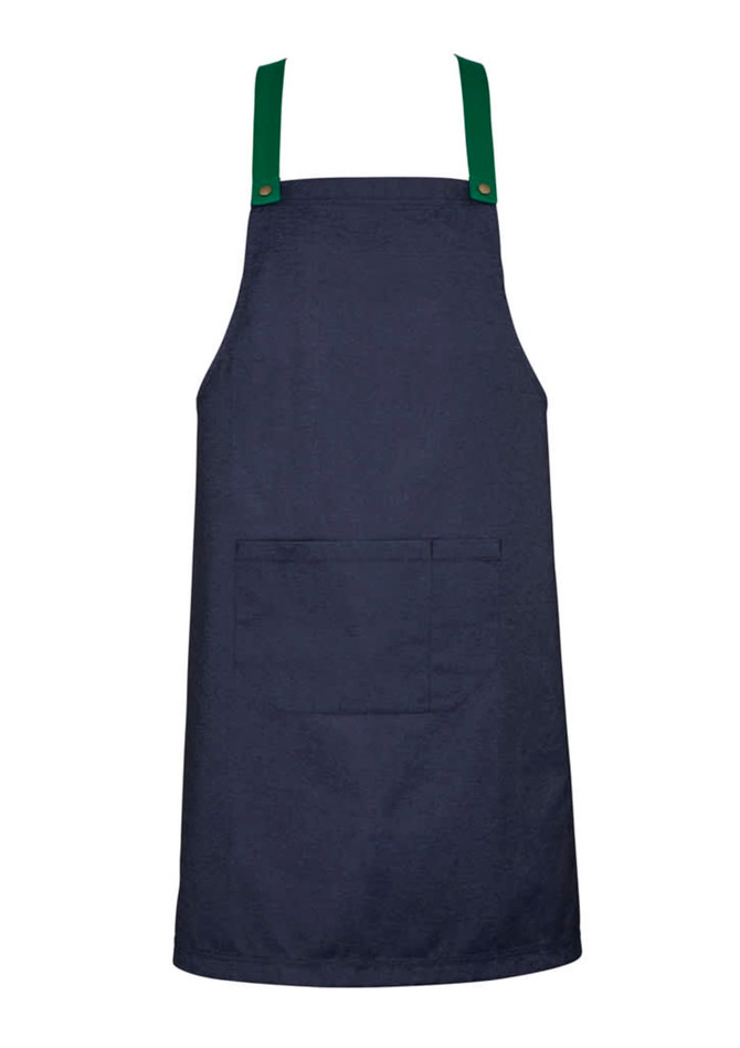 A navy blue apron with green straps and a front pocket, featuring a logo on one side.