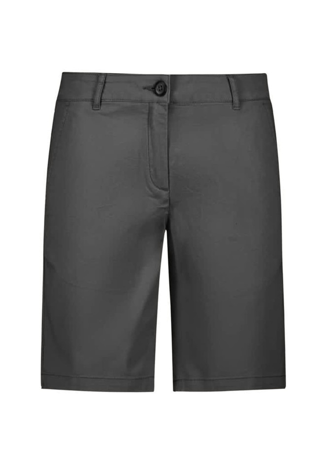 A pair of women's grey chino shorts featuring a button closure and a front pocket.
