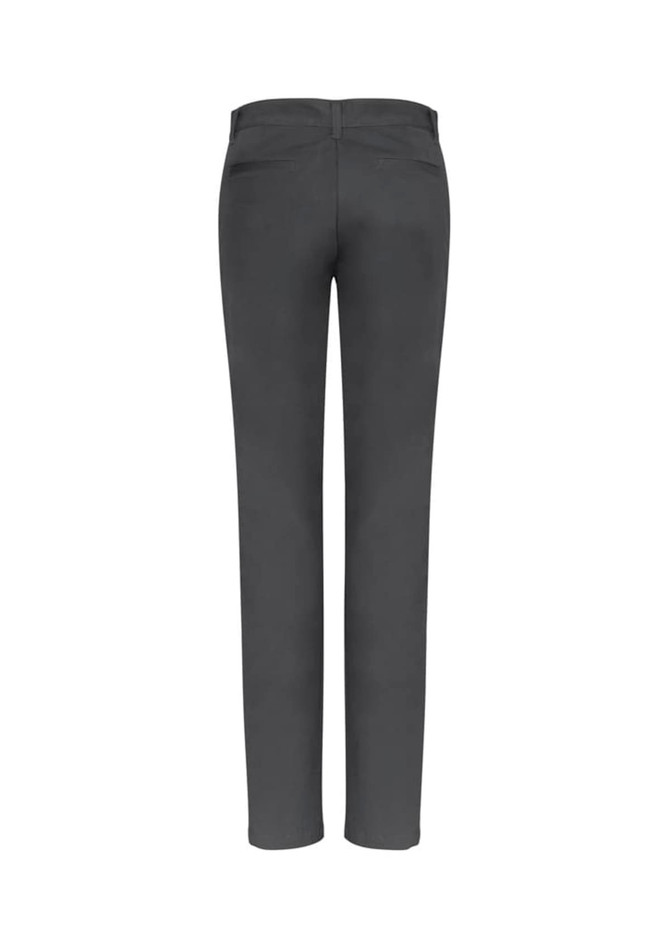 Back view of women's Lawson chino pants in dark grey, featuring a fitted design and a subtle logo.