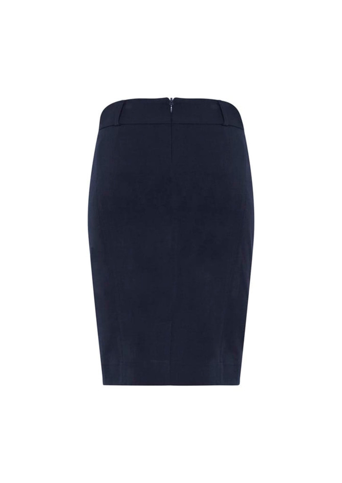 A fitted navy skirt with a back zipper, featuring a sleek, tailored design. Includes branding on the waistband.