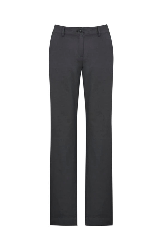 A pair of women's slacks in dark grey with a straight leg design and a button closure. Features a small logo.