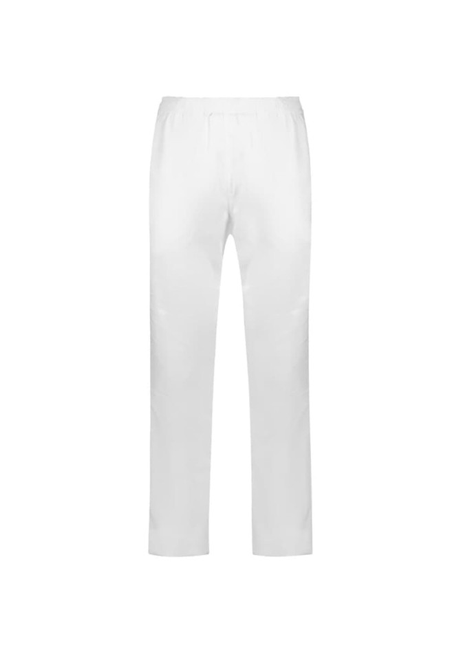 A pair of white track pants featuring an elasticised waistband and a logo.