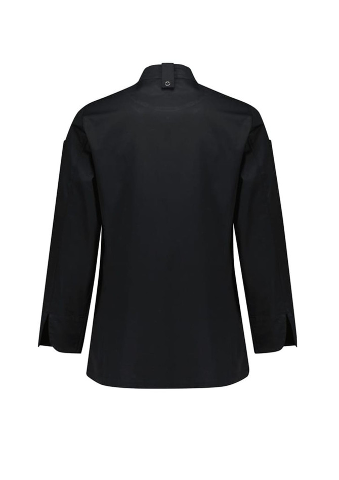 A black women's long sleeve chef jacket featuring a standard collar and a back button detail, with a logo present.