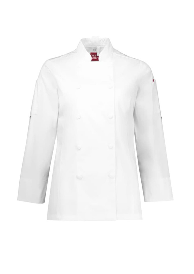 A white long sleeve chef jacket with a double-breasted design and a logo on the collar.
