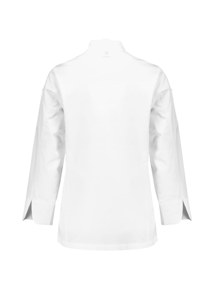 A white long sleeve chef jacket with a classic collar and side slits, featuring a logo on the back.