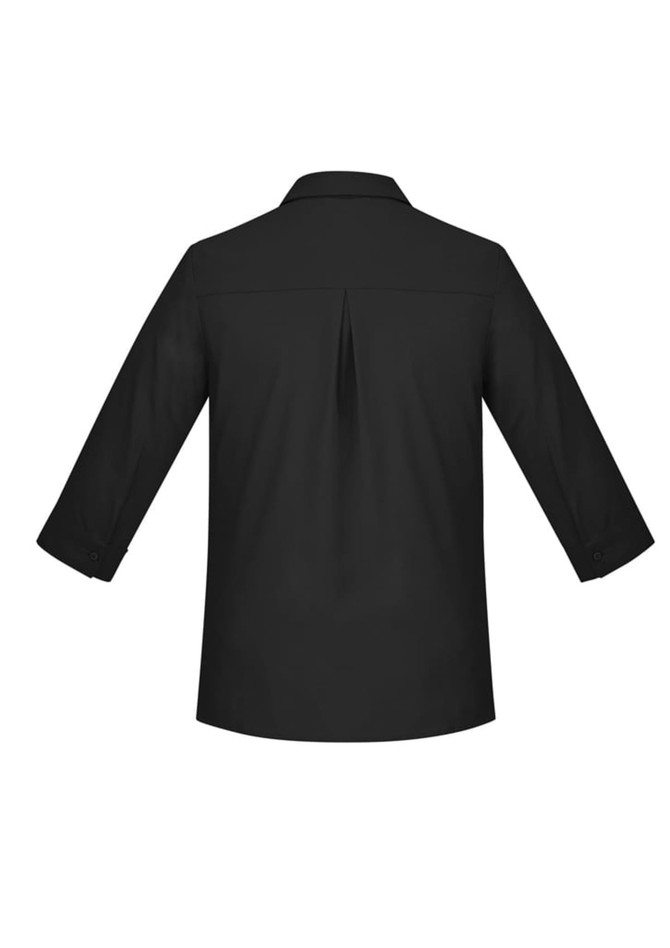 A black women's button-up shirt with 3/4 sleeves and a back pleat. Features a collar and cuffed sleeves.