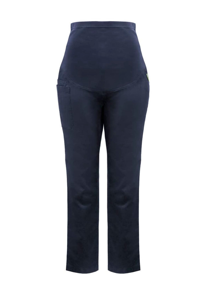 Rose maternity scrub pants in navy blue with a high waistband and side pocket, featuring a small logo.