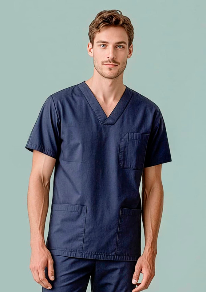 A navy scrub top featuring a v-neck design, short sleeves, and a chest pocket. The product includes a logo.