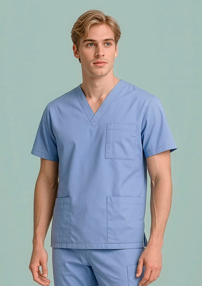 A light blue unisex scrub top with a V-neck, featuring two front pockets and a logo.