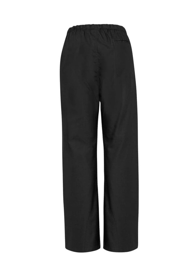 Black women's bootleg scrub pants with an elastic waist and straight legs, featuring a simple design.