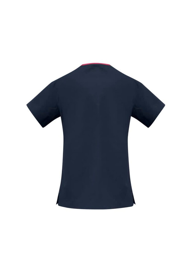 A navy scrub top with short sleeves, featuring a contrast detail along the neckline and a logo.