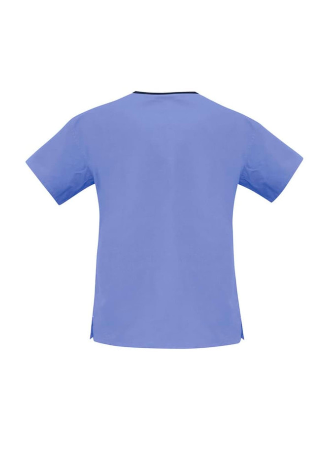 A blue scrub top with short sleeves and a contrasting neckline, featuring a logo.