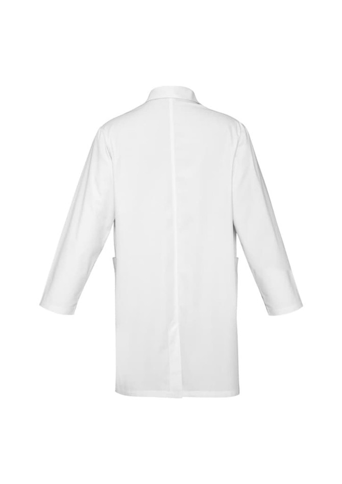 A white unisex classic lab coat with long sleeves and a back vent, featuring two side pockets.