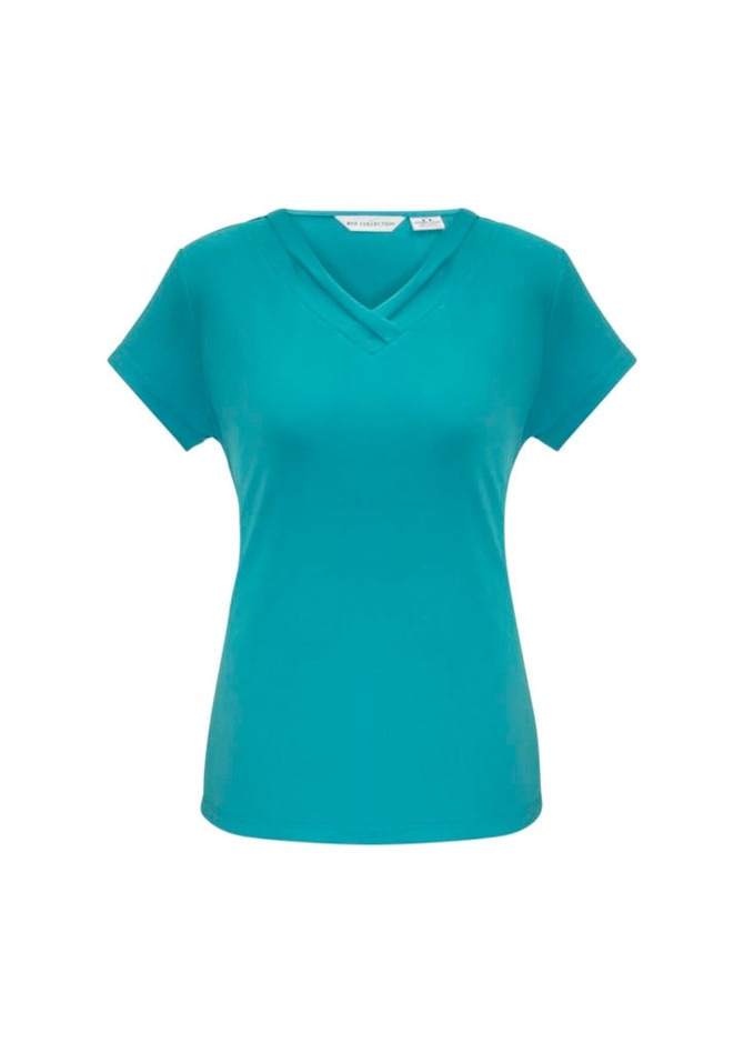 A teal women's short sleeve top with a v-neck design and a logo on the label.