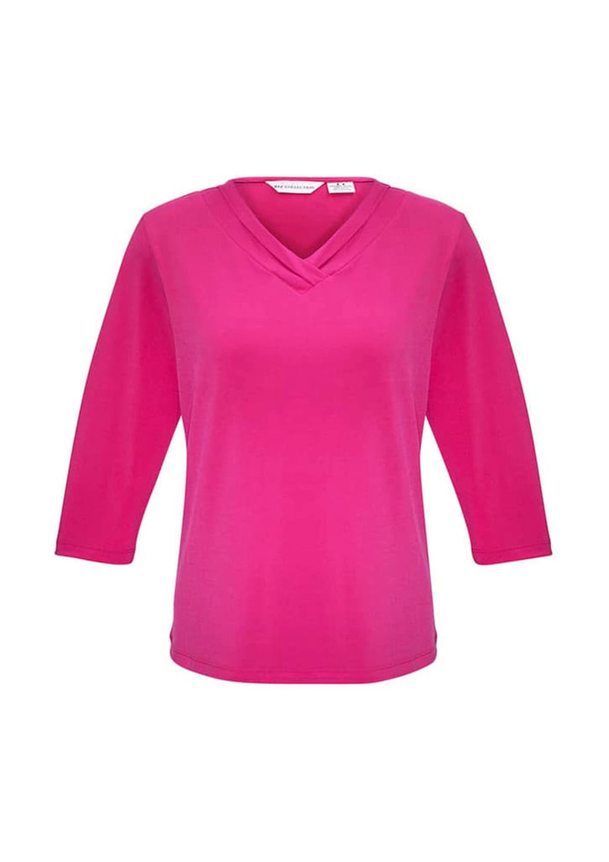 A pink women's 3/4 sleeve top with a crossed v-neck design, featuring a logo on the label.