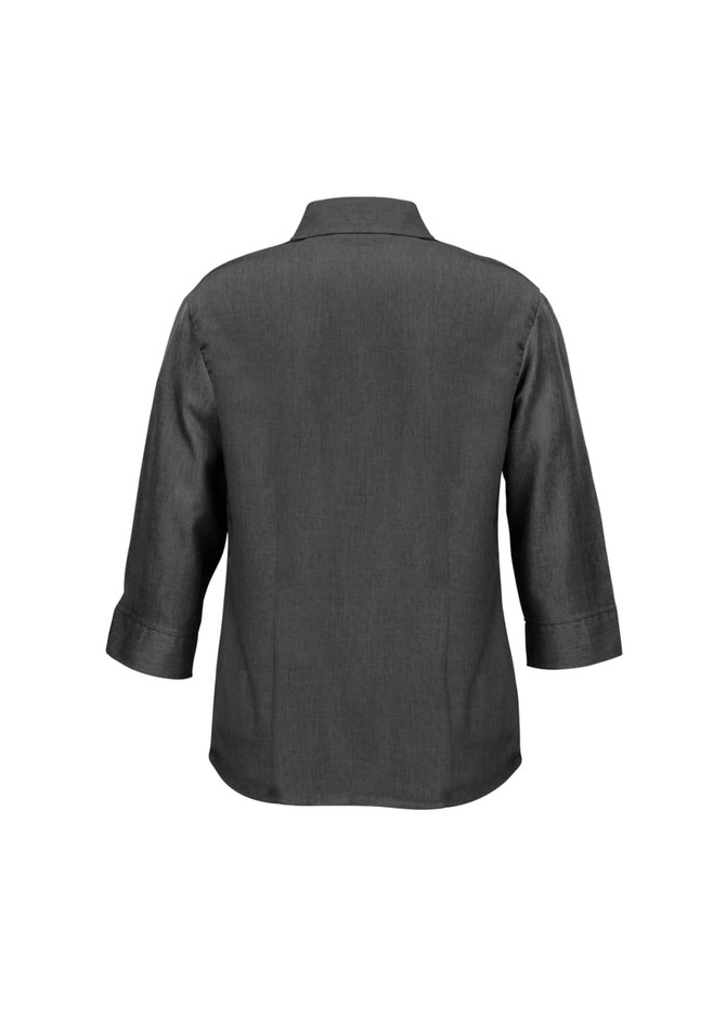 A grey women's 3/4 sleeve shirt with a classic collar and a back view. Features a logo on the fabric.