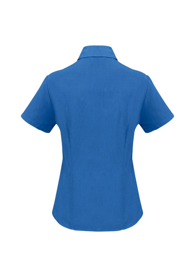A blue women's short sleeve button-up shirt with a fitted design and a collar, featuring a branding logo.