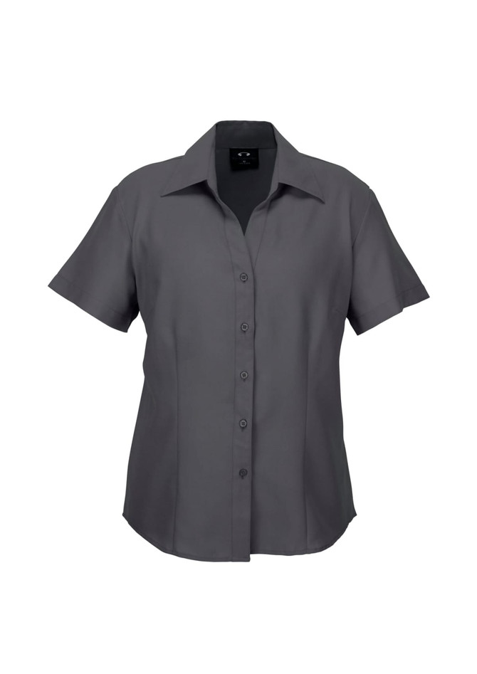 A short sleeve button-up shirt in grey with a collar and a logo on the chest.
