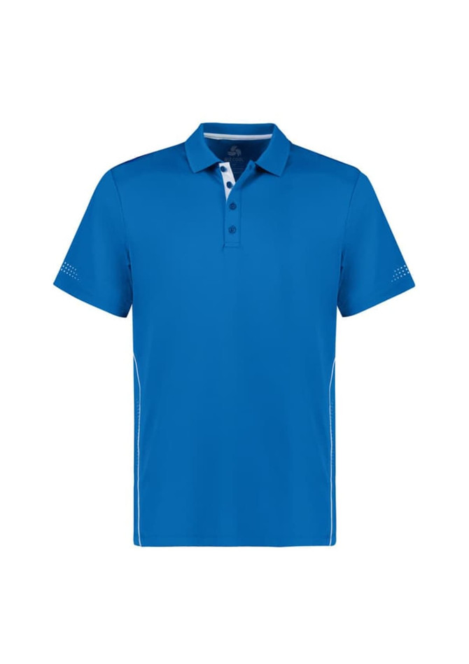 A blue men's short sleeve polo shirt with a collared neckline and a logo, featuring white detailing on the sides.
