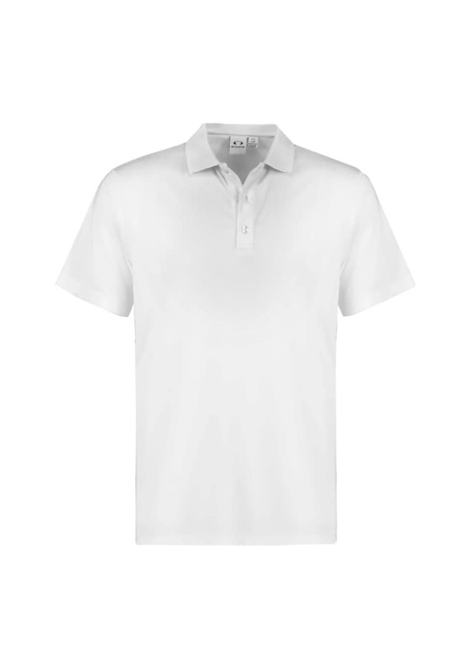 A white short sleeve polo shirt featuring a collar and a logo on the chest.