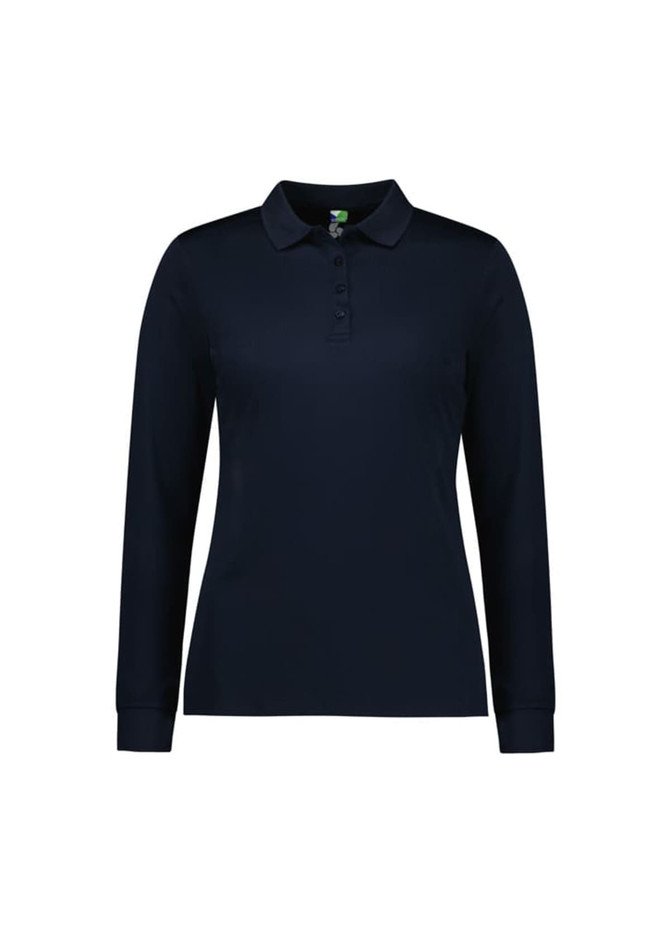 A women's long sleeve polo shirt in navy blue with a collar and button placket, featuring a logo.