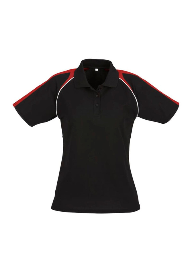 A black polo shirt with red accents and a logo on the chest. Short sleeves and a classic collar design.
