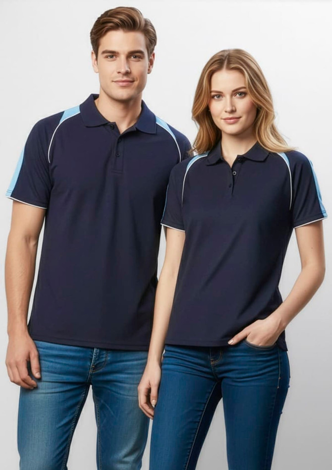 A navy short sleeve polo shirt for men and women, featuring light blue accents and a logo.