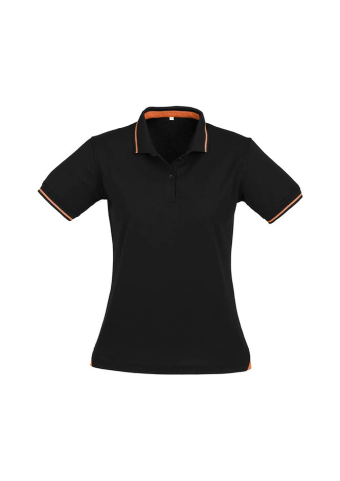 A black women's polo shirt featuring short sleeves and orange accents with a logo.