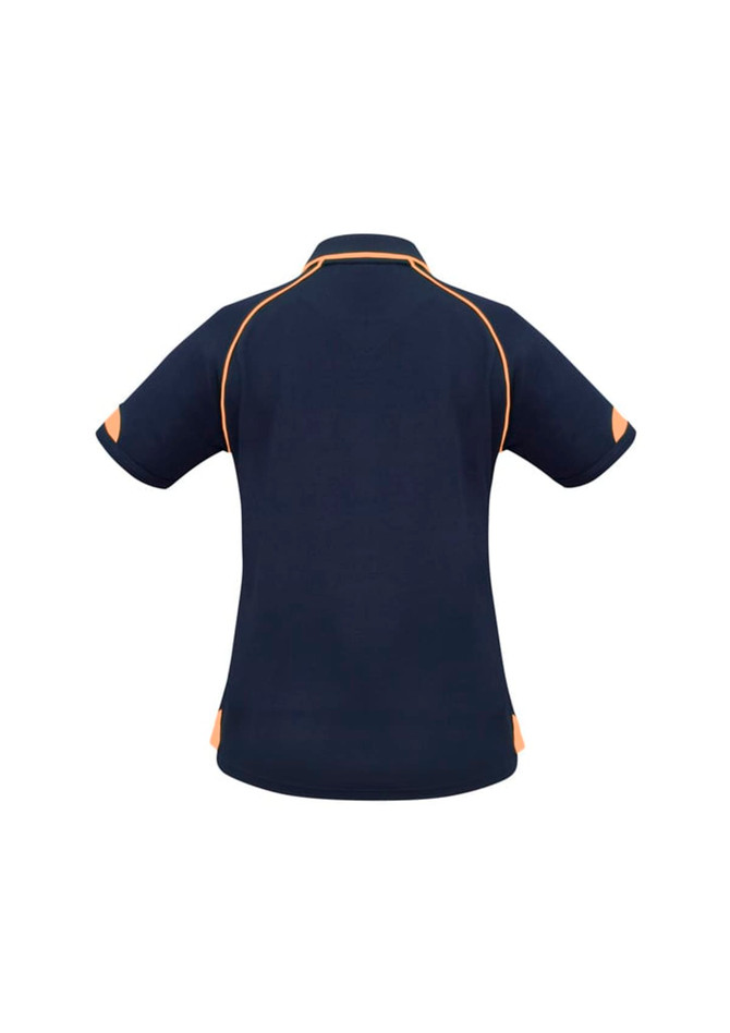 A navy women's fusion short sleeve polo shirt featuring orange detailing and a logo.