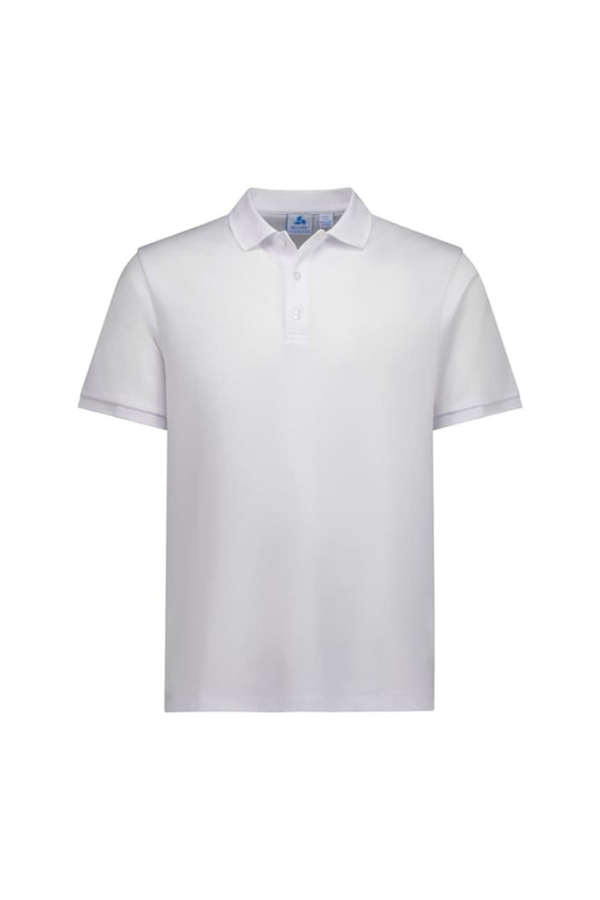 A white short sleeve polo shirt featuring a collar and a logo.