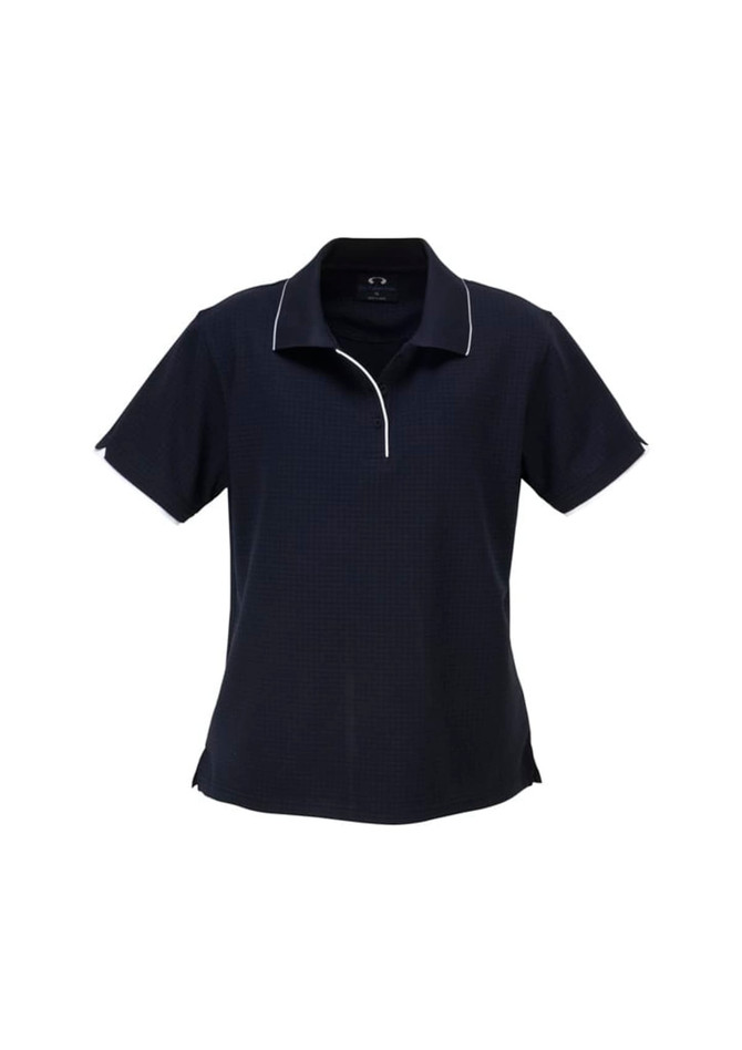 A navy blue women's short sleeve polo shirt with a subtle check pattern and a collar. It features a branding logo.