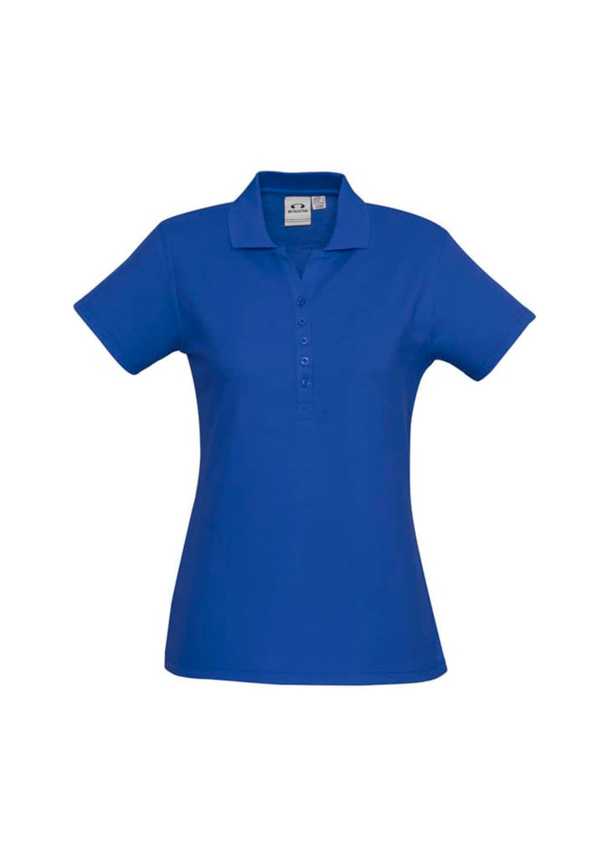 A blue ladies polo shirt with a collar and short sleeves, featuring a buttoned placket and a logo.