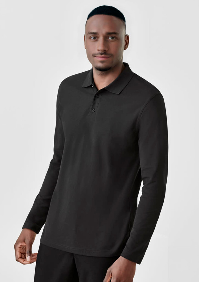 A long sleeve men's polo shirt in black, featuring a collar and a logo on the chest.
