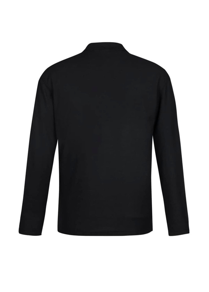 A black long sleeve polo shirt with a collar, featuring a logo on the back.