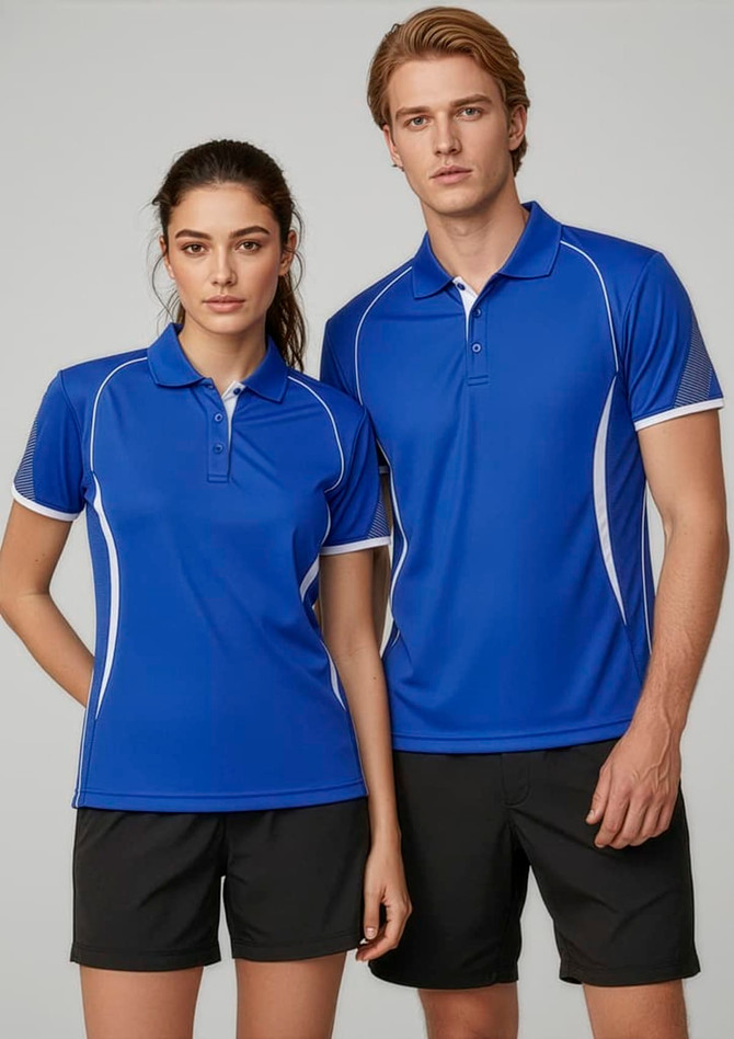 A women’s short sleeve polo shirt in bright blue with white accents, displayed alongside a matching men's version.