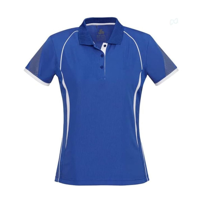 A blue women's short sleeve polo shirt with white accents and a logo on the chest.