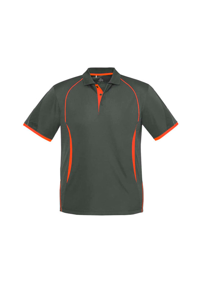 A grey polo shirt with orange accents, featuring short sleeves and a collar, and includes a logo.
