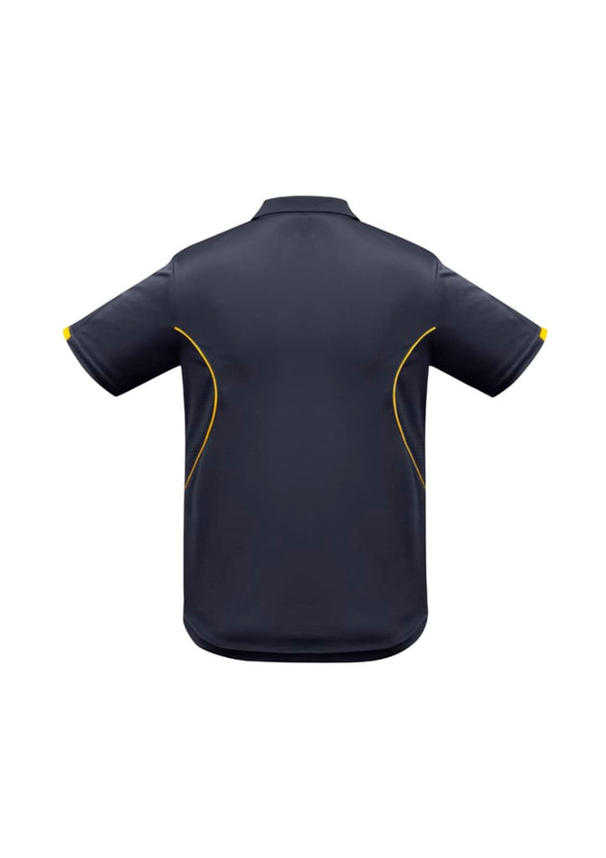 A dark grey polo shirt featuring yellow accents and a branding logo on the back. Short sleeves included.
