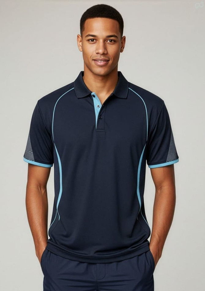A navy short sleeve polo shirt with aqua accents and a logo, featuring mesh panels on the shoulders.